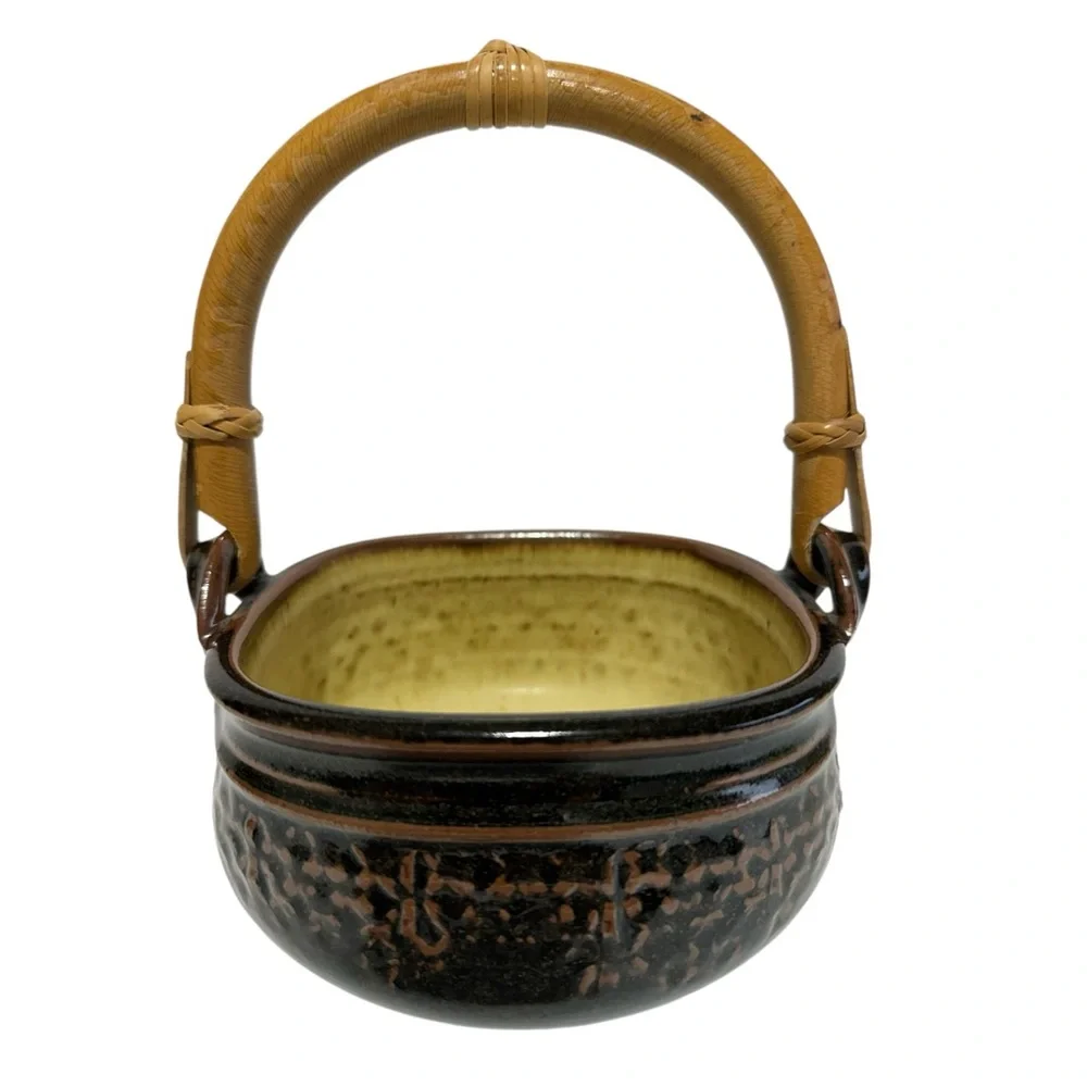 Vintage Ellen Currans Cedar Pond Pottery Handle Basket Black/Brown Artist Stamp